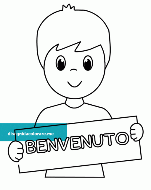 Bambino con cartello di benvenuto 1 bambino con scritta benvenuto