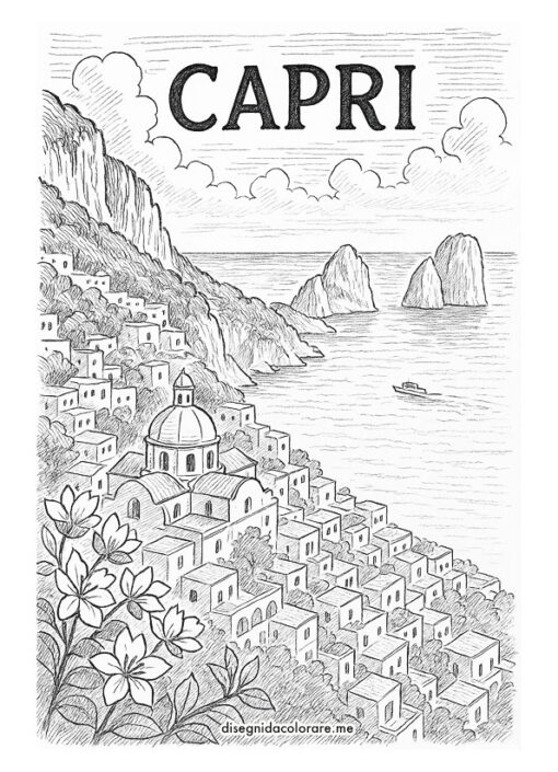 Disegno Capri da colorare con paesaggio e Faraglioni.