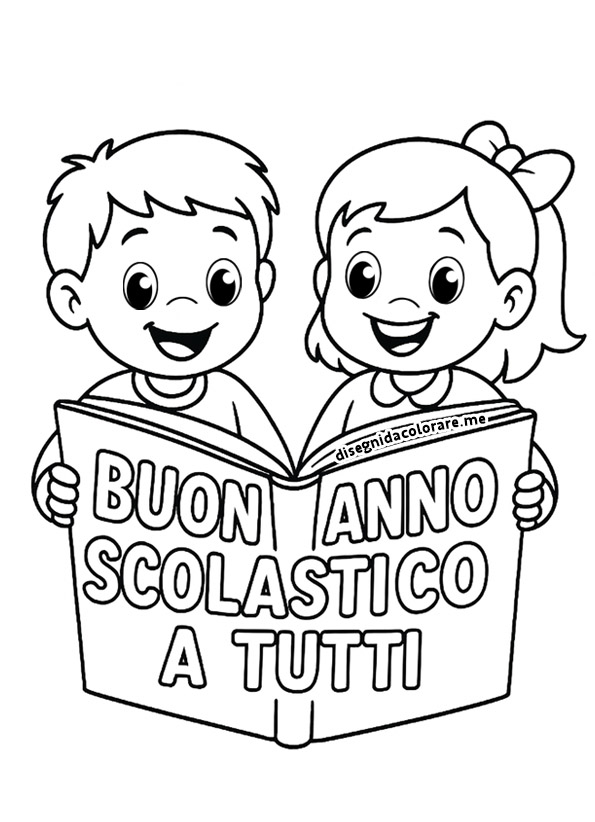 Disegno da colorare con due bambini sorridenti che tengono un libro con la scritta Auguri di Buon Anno Scolastico.