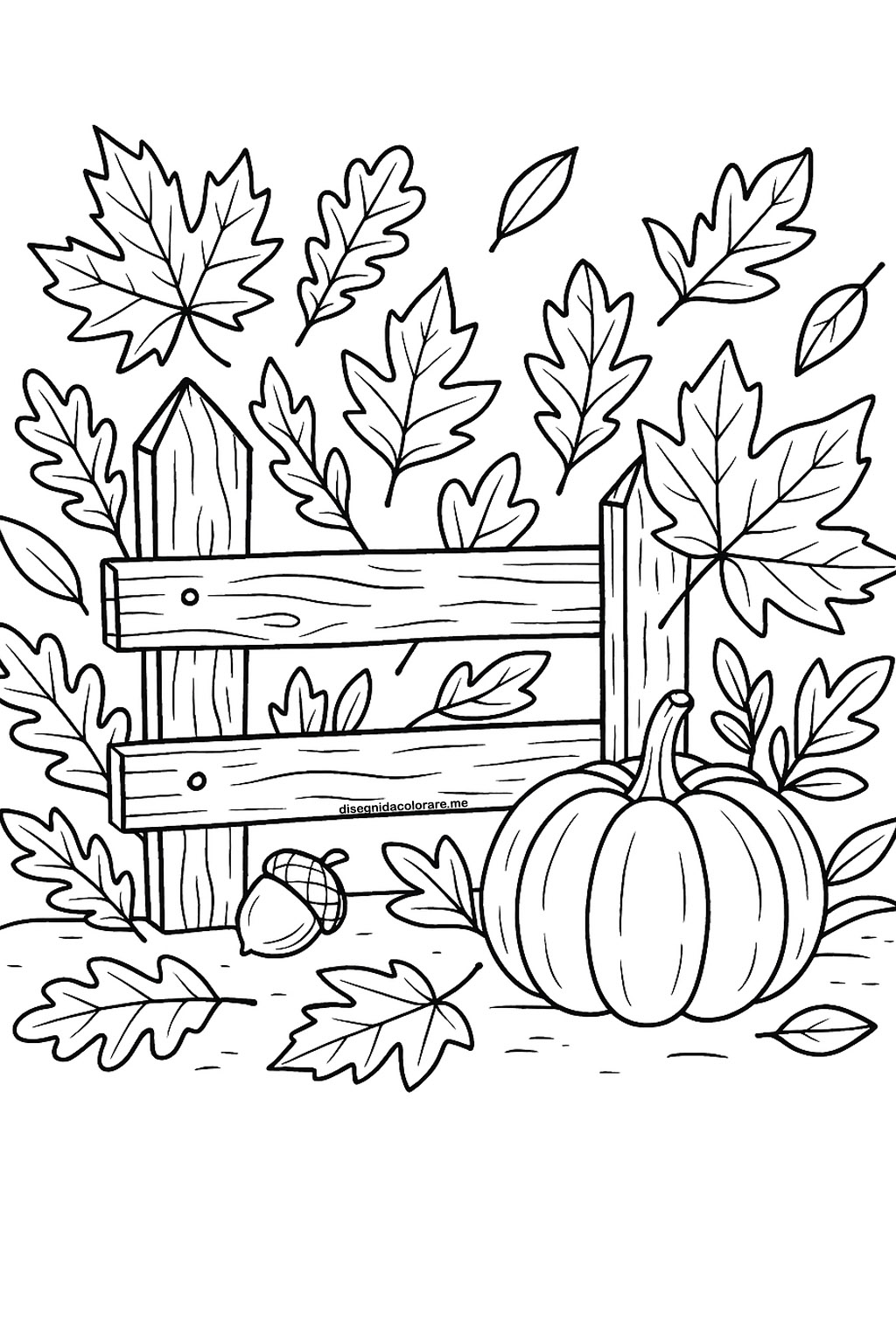 Disegno di una staccionata autunnale da colorare con foglie e zucche