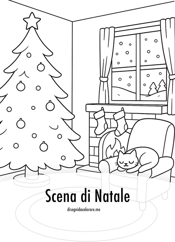 Scena di Natale con gatto 1 scena di natale con gatto da colorare.